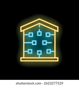 Bright neon icon of a datacenter is glowing against a dark background