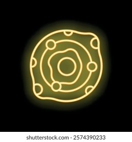 Bright neon icon depicting an atom, with electrons orbiting a central nucleus, symbolizing science and atomic energy