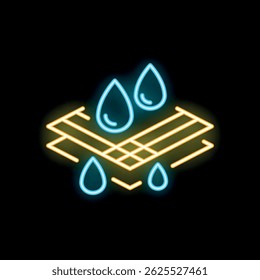 Bright neon icon depicting water drops bouncing off a surface, representing a waterproof or water resistant material