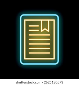 Bright neon icon of a document with bookmark glowing on a black background