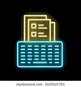 Helles Neonsymbol von Dokumenten, die von einer Computertastatur gedruckt werden, auf schwarzem Hintergrund