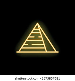 Bright neon icon of an egyptian pyramid glowing on a dark background