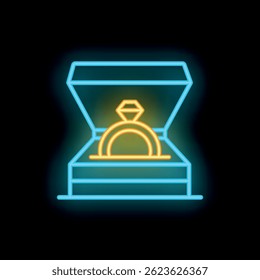 Bright neon icon of an engagement ring in an open box glowing on a black background