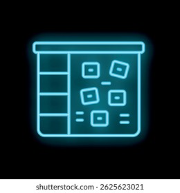 Bright neon icon of a freezer showing frozen food inside with ice cubes, isolated on black background