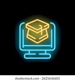Ícone de neon brilhante da graduação que aparece em uma tela de computador representando a educação online