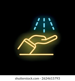 Bright neon icon of a hand catching falling lines, representing concepts such as data collection or receiving information