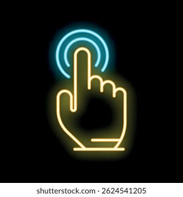 Bright neon icon of a hand touching or pointing at a digital screen
