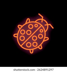 Bright neon icon of a ladybug is glowing on a black background