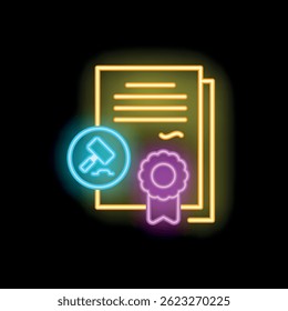 Bright neon icon of legal document being stamped with a gavel and decorated by an award ribbon