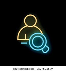 Bright neon icon of a magnifying glass searching for a person's profile on a dark background
