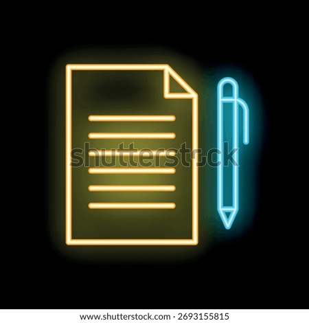 Bright neon icon of a pen writing on a document, perfect for representing writing and editing