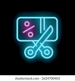 Bright neon icon of scissors cutting a coupon to illustrate discounts, sales, or loyalty programs