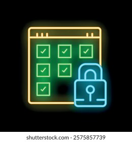 Bright neon icon of a secure website with check marks and a padlock glowing on a dark background