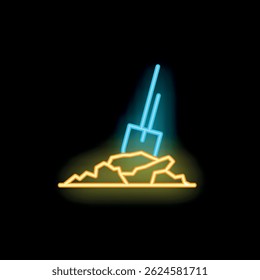 Bright neon icon of a shovel digging into the ground, illustrating construction or excavation