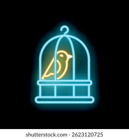 Bright neon icon of a small yellow bird sitting inside a blue cage