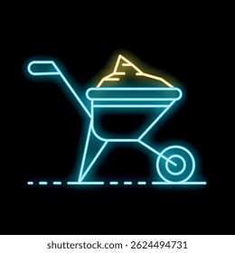 Bright neon icon of a wheelbarrow full of sand, perfect for any construction or gardening themed design
