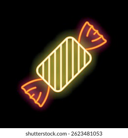 Bright neon icon of wrapped hard candy glowing on black background