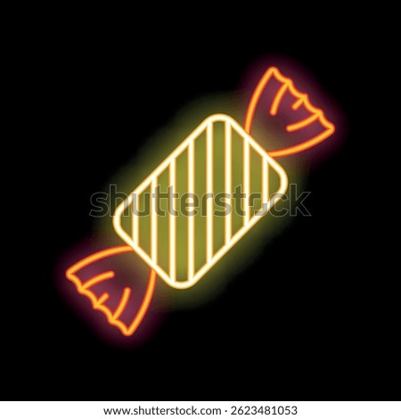 Bright neon icon of wrapped hard candy glowing on black background