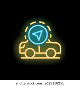 Bright neon icon of a yellow car with a blue location pin overhead, representing a car sharing service
