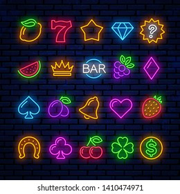 Bright neon icons for casino slot machine. Neon icon, logo, sign for the design of casino advertising, banner, online slot machines, poster, sign and more.