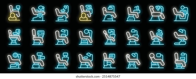 Bright neon icons depicting various dentist chairs with adjustable headrests and footrests, illuminating the concept of modern dental care