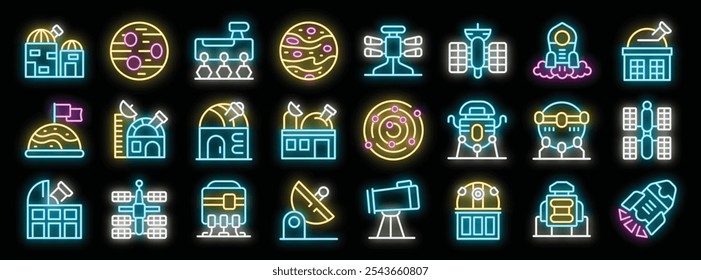 Bright neon icons depicting various aspects of space exploration, astronomy research, and celestial observation