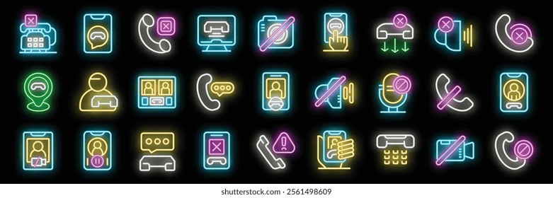 Bright neon icons depicting various aspects of phone and video communication, including incoming and outgoing calls, missed calls, video conferencing, and more