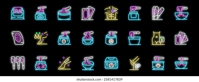 Bright neon icons depicting various methods and products used in waxing for hair removal, highlighting both hot and cold wax techniques