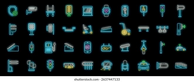 Bright neon icons depicting various urban transportation methods