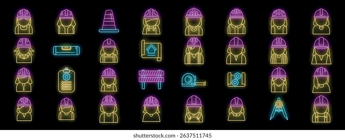 Bright neon icons depicting various construction and engineering roles