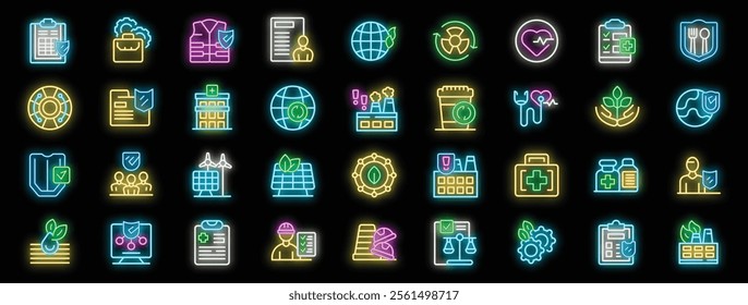 Bright neon icons highlighting key aspects of esg, encompassing environmental protection, social responsibility, and corporate governance