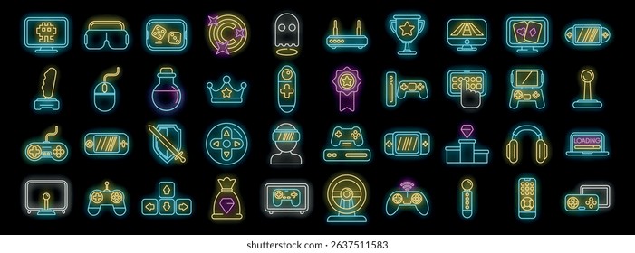 Bright neon icons illuminating popular gaming elements, from controllers and consoles to virtual reality headsets and online competition symbols