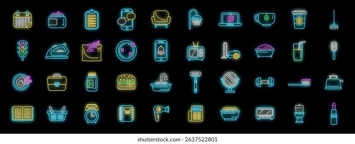 Bright neon icons illuminating various aspects of modern life, from technology and communication to personal care and household chores