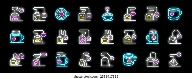 Bright neon icons representing tea bags, cups, and hearts, symbolizing love, warmth, and affection