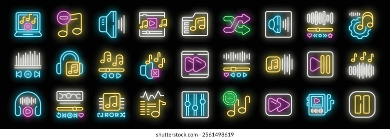 Bright neon icons representing various music player functions, including play, pause, shuffle, volume control, and equalizer settings, create a vibrant visual experience