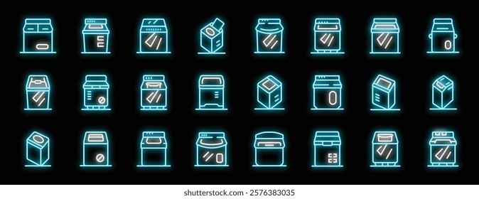 Bright neon icons representing various milk and juice packaging, highlighting diverse types, sizes, and designs
