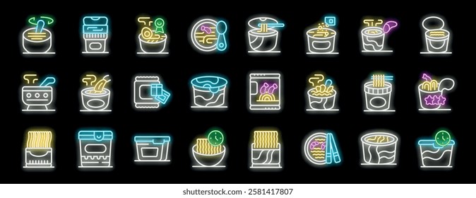 Bright neon icons representing various aspects of instant noodles, from preparation to ready to eat meals, highlighting different flavors and packaging