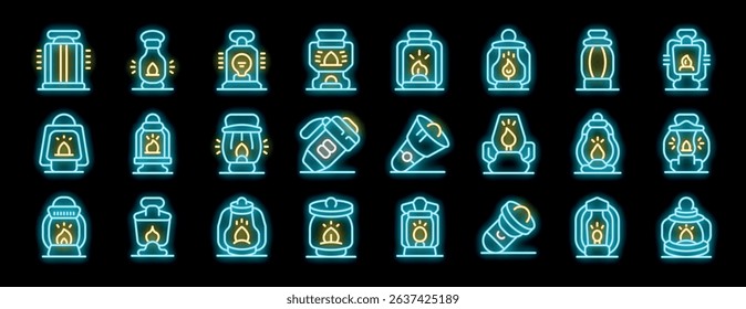 Bright neon icons representing various kerosene lamps and flashlights, illuminating the darkness