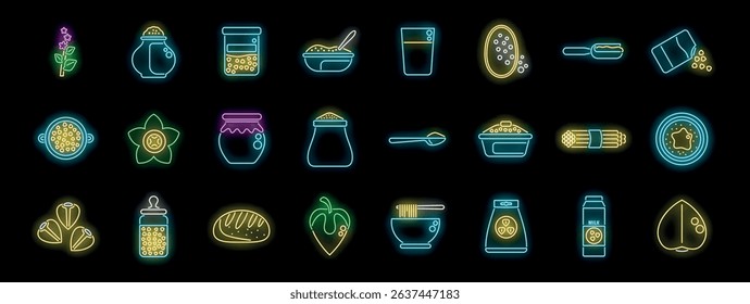 Bright neon icons representing various grains, seeds, and derived products, symbolizing healthy eating, agriculture, and food processing