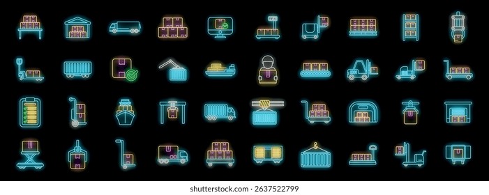 Bright neon icons representing various aspects of warehousing, logistics, and delivery processes, illuminating supply chain management