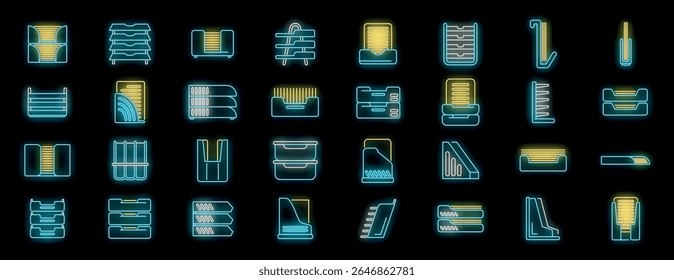 Ícones de néon brilhantes representando vários materiais de escritório, iluminando o conceito de organização e eficiência em um espaço de trabalho moderno