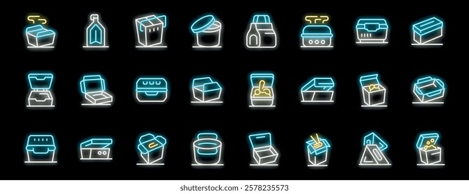 Bright neon icons showcasing various food containers, symbolizing take away and food delivery services