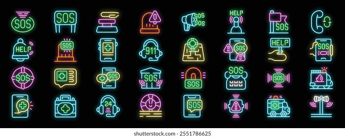 Bright neon icons symbolize various emergency services, from sos signals and 911 calls to lifebuoys and ambulances, creating a vibrant tableau against a dark backdrop