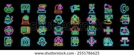 Bright neon icons symbolize various emergency services, from sos signals and 911 calls to lifebuoys and ambulances, creating a vibrant tableau against a dark backdrop