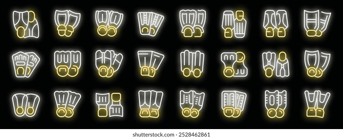 Bright neon icons of various shapes and constructions of diving flippers glowing on black background