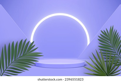 Bright neon illuminated violet interior with podium and green leaves. Eco friendly product showcase template. 3d vector background