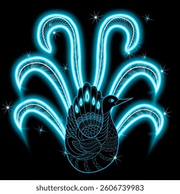 Bright neon image of  bird. Neon gradient pattern on a black background. Element of decor. To design. Universal application. Vector illustration

