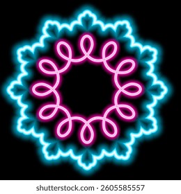 Bright neon image of mandala. Neon gradient drawing on black background. Decor element. For design. Universal use. Vector illustration