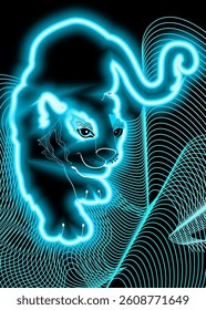 Bright neon image of tiger. Neon gradient pattern on a black background. Element of decor. To design. Universal application. Vector illustration
