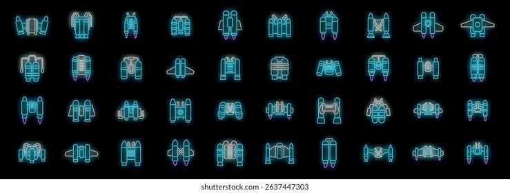 Bright neon jet pack icons represent personal aerial vehicles, showcasing futuristic individual flight and transportation concepts